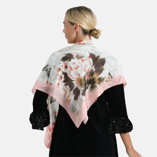 LA MAREY signature 100% silk scarf, Silk pearl butterfly brooch Material: Silk & alloy color: off white Size:
