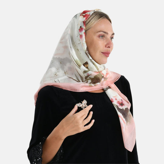 LA MAREY signature 100% silk scarf, Silk pearl butterfly brooch Material: Silk & alloy color: off white Size: