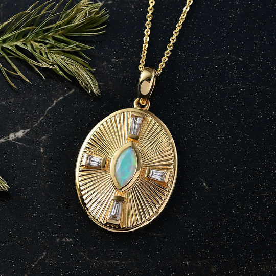 D'Joy AA Natürlicher, äthiopischer Welo Opal, Weißer Zirkon Schmuckset ca. 50 cm 925 Silber 750 Gelbgold Vermeil ca. 0.80 ct