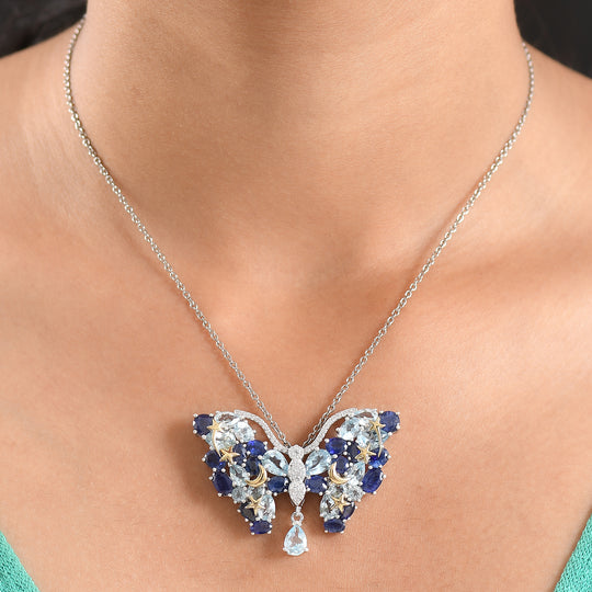 GP Trionfo Kollektion Himmelblauer Topas, Masoala Saphir (Fissure gefüllt) Anhänger mit kette ca. 50 cm, 925 Silber Rhodiniert und 750 Gelbgold Vermeil ca. 19.30 ct