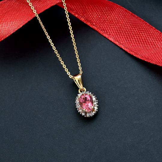 D'Joy Blush Turmalin, Weißer Zirkon Schmuckset ca. 50 cm 925 Silber 750 Gelbgold Vermeil ca. 1,02 ct.