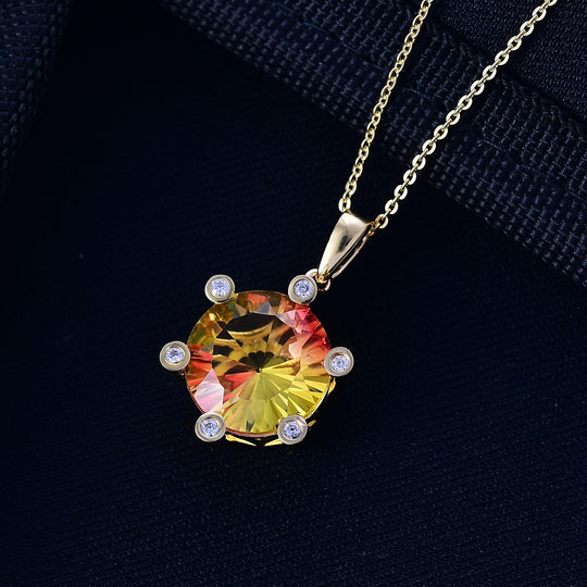 D'Joy - Sonnenfeuer-Design Sphaleros Quarz, Weißer Zirkon Anhänger mit Kette, ca. 50 cm 925 Silber 750 Gelbgold Vermeil ca. 5.48 ct