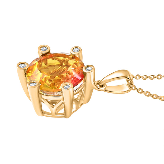 D'Joy - Sonnenfeuer-Design Sphaleros Quarz, Weißer Zirkon Anhänger mit Kette, ca. 50 cm 925 Silber 750 Gelbgold Vermeil ca. 5.48 ct