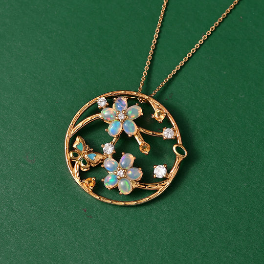 GP Italienische Garten Kollektion - AA Natürlicher, äthiopischer Welo Opal, Citrin, Kanchanaburi Blauer Saphir Schmuckset ca. 50 cm 925 Silber 750 Gelbgold Vermeil ca. 1.85 ct
