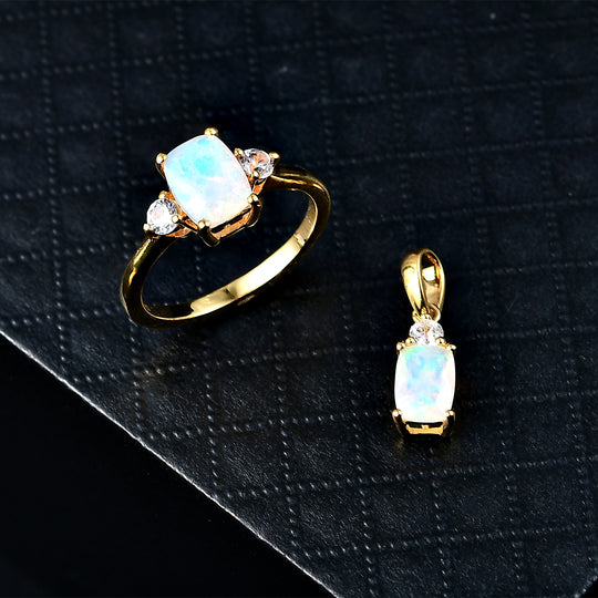 2er Set - D'Joy AA Natürlicher, äthiopischer Welo Opal Ring und Anhänger, 925 Silber rhodiniert (Größe 21.00) ca. 1.85 ct