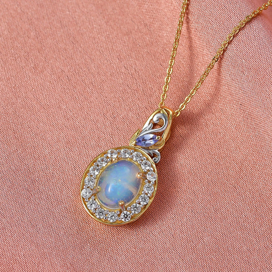 D'Joy Natürlicher, äthiopischer Welo Opal, Tansanit Schmuckset ca. 50 cm 925 Silber vergoldet ca. 2.17 ct