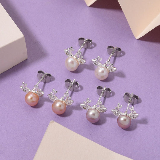 Pfirsich-Süßwasser Perle (5-7 mm), Lila Süßwasser Perle (5-7 mm), Weiße Süßwasser Perle (5-7 mm) Schmuckset, Nickelfreies Messing