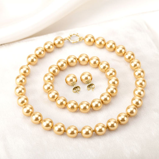 3er Set - Goldene Muschelkernperle (13-15 mm) Halskette ca. 50 cm, Armband-verstellbar, und Ohrringe Schmuckset, 316L Edelstahl