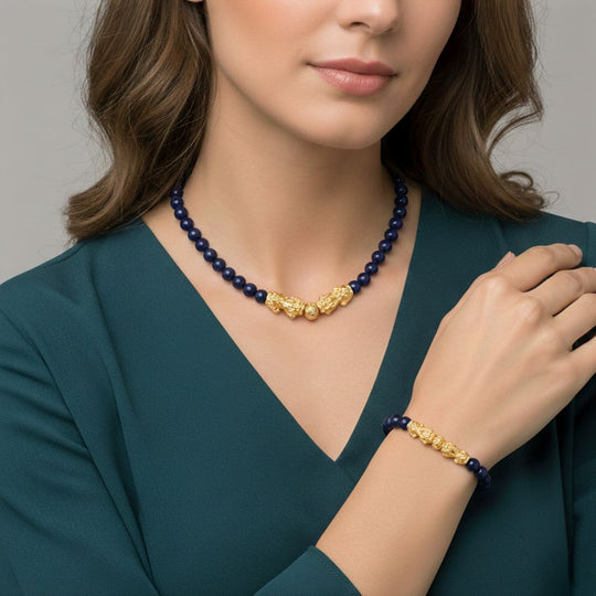 2er Set - Lapislazuli Halskette und Armband Legierung gelb vergoldet ca. 430.00 ct