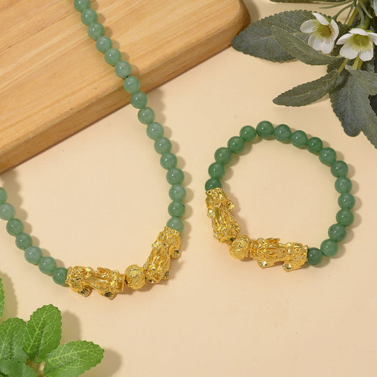 2er Set - Grüner Aventurin Halskette und Armband Legierung gelb vergoldet ca. 430.00 ct