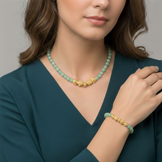 2er Set - Grüner Aventurin Halskette und Armband Legierung gelb vergoldet ca. 430.00 ct