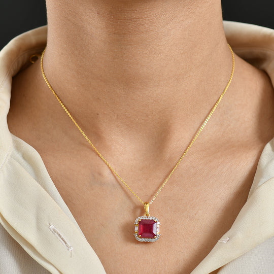 D'Joy ASSCHER SCHLIFF Afrikanischer Rubin (Fissure gefüllt), Weißer Topas Schmuckset ca. 50 cm 925 Silber 750 Gelbgold Vermeil ca. 8.11 ct