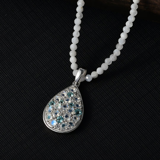 D'Joy 2er Set Meetiyagoda Regenbogen Mondstein Anhänger mit Weißer Mondstein collier ca. 45 cm 925 Silber rhodiniert ca. 30.17 ct