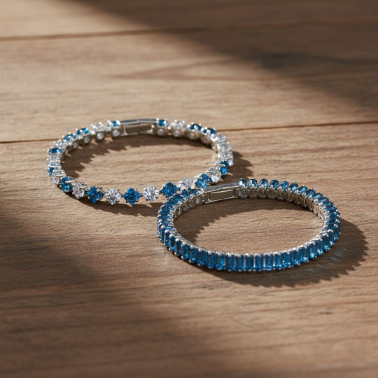 2er Set - Blauer Zirkonia, Weißer Zirkonia Armband ca. 19 cm, Nickelfreies Messing