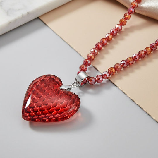 2er Set - Roter Kristall Herz Anhänger und beads Halskette mit Varioclip-Verschluss, ca. 50 cm