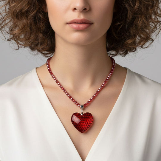 2er Set - Roter Kristall Herz Anhänger und beads Halskette mit Varioclip-Verschluss, ca. 50 cm