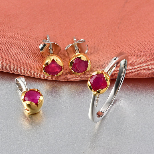 D'Joy Afrikanischer Rubin (Fissure gefüllt) Schmuckset 925 Silber platiniert und vergoldet (Größe 20) ca. 2,28 ct.