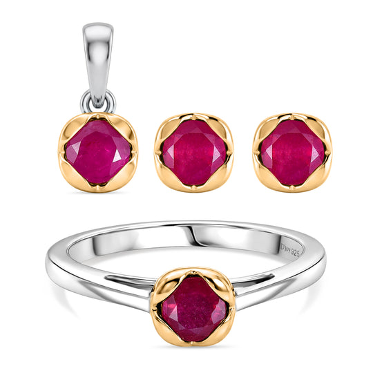 D'Joy Afrikanischer Rubin (Fissure gefüllt) Schmuckset 925 Silber platiniert und vergoldet (Größe 20) ca. 2,28 ct.