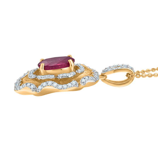 D'Joy - Liebe in Blüte Afrikanischer Rubin (Fissure gefüllt), Weißer Zirkon Anhänger mit Kette, ca. 50 cm 925 Silber 750 Gelbgold Vermeil ca. 3.59 ct