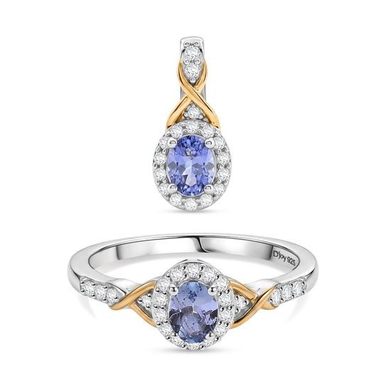 D'Joy Tansanit Schmuckset 925 Silber platiniert und vergoldet (Größe 21) ca. 1,13 ct.