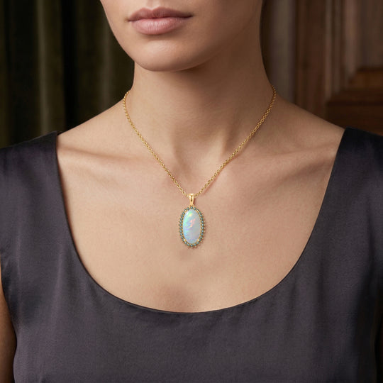 LUXURIANT - AAA Natürlicher, äthiopischer Welo Opal, Lab Grown Grüner Diamant Schmuckset ca. 50 cm 925 Silber 750 Gelbgold vermeil ca. 3.83 ct