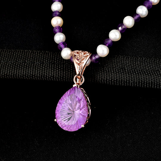 D'Joy AA Rose De France Amethyst, Perle Schmuckset ca. 50 cm 925 Silber 750 Roségold Vermeil