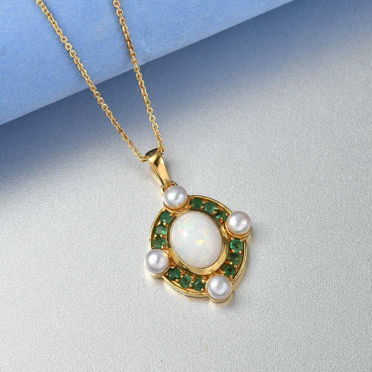 D'Joy Natürlicher, äthiopischer Welo Opal, Perle (4 mm) Schmuckset ca. 50 cm 925 Silber 750 Gelbgold Vermeil