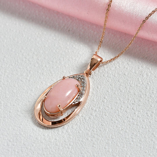 D'Joy AA Rosa Opal, Weißer Zirkon Anhänger mit Kette, ca. 50 cm 925 Silber 750 Roségold Vermeil ca. 4.25 ct