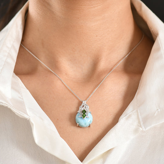 GP - Larimar, Natürlicher Chromdiopsid Schmuckset ca. 50 cm 925 Silber rhodiniert ca. 15,43 ct.