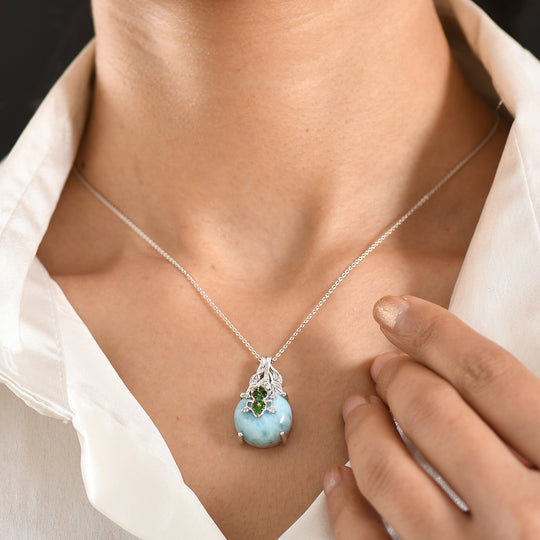GP - Larimar, Natürlicher Chromdiopsid Schmuckset ca. 50 cm 925 Silber rhodiniert ca. 15,43 ct.