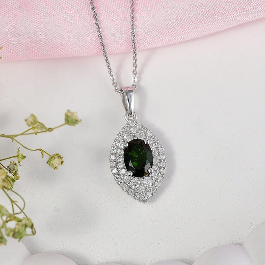 D'Joy AA Natürlicher Chromdiopsid, Moissanit AGI zertifiziert Schmuckset ca. 50 cm 925 Silber Rhodiniert ca. 3,24 ct.