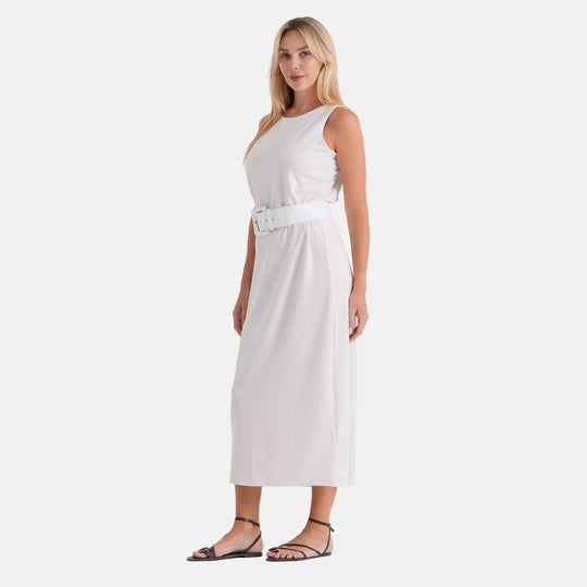 LA MAREY langes Sommerkleid mit Stretchgürtel, Einheitsgröße, passend für EU 36 bis 42, Länge 132 cm, Weiß