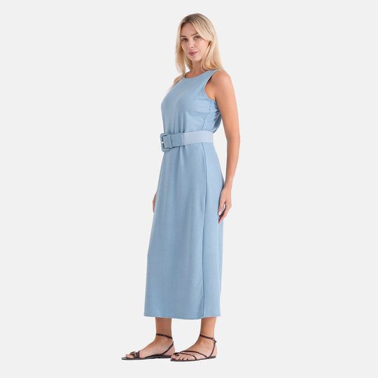 LA MAREY langes Strickkleid mit Stretchgürtel, Einheitsgröße, passend für EU 36 bis 42, Länge 132 cm, Hellblau