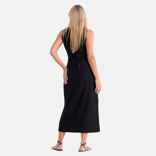 LA MAREY langes Sommerkleid mit Stretchgürtel, Einheitsgröße, passend für EU 36 bis 42, Länge 132 cm, Schwarz