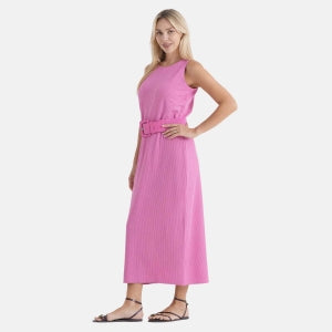 LA MAREY langes Sommerkleid mit Stretchgürtel, Einheitsgröße, passend für EU 36 bis 42, Länge 132 cm, Weiß