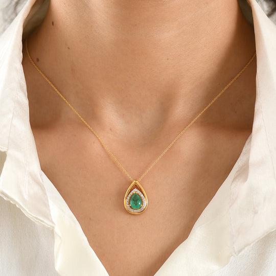 D'Joy Smaragd-Quarz Triplette, Weißer Zirkon Schmuckset ca. 50 cm 925 Silber Gold ca. 1.62 ct