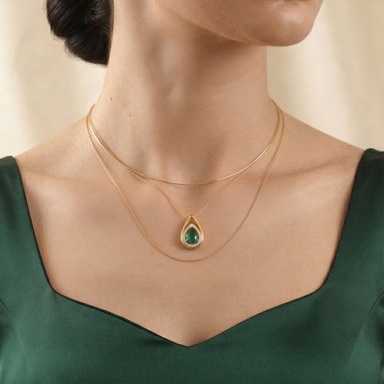 D'Joy Smaragd-Quarz Triplette, Weißer Zirkon Schmuckset ca. 50 cm 925 Silber Gold ca. 1.62 ct