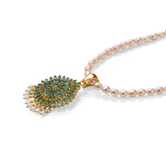 D'Joy AA Kagem sambischer Smaragd, Süßwasserperle und Zirkon Anhänger mit 50cm Kette, 925 Silber 750 Gelbgold Vermeil 5.89 ct
