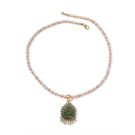 D'Joy AA Kagem sambischer Smaragd, Süßwasserperle und Zirkon Anhänger mit 50cm Kette, 925 Silber 750 Gelbgold Vermeil 5.89 ct