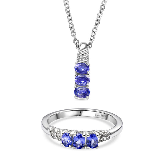 EVER TRUE 2er Set Tansanit Anhänger mit Kette und Ring, Edelstahl, ca. 50 cm (Größe 18.00) ca. 1.12 ct