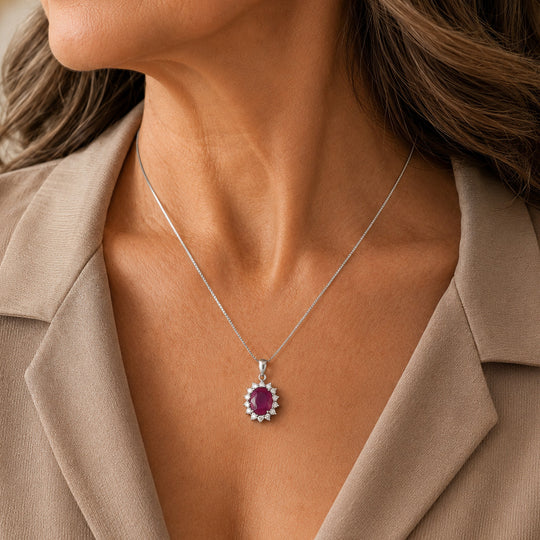 LUXURIANT DIAMOND - AA Burmesischer Rubin, Lab Grown Diamant Schmuckset ca. 45 cm 925 Silber Rhodiniert ca. 2,93 ct.