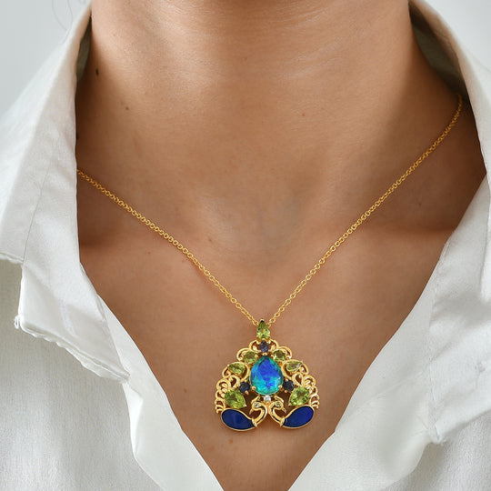 EVER TRUE Pfau Quarz Triplette, Peridot Schmuckset ca. 50 cm ca. 7.73 ct