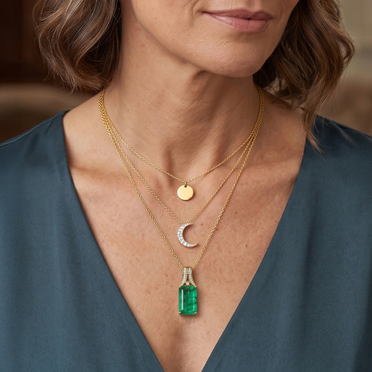D'Joy Smaragd-Quarz Triplette, Weißer Zirkon Schmuckset ca. 50 cm 925 Silber 750 Gelbgold vermeil ca. 8,80 ct.