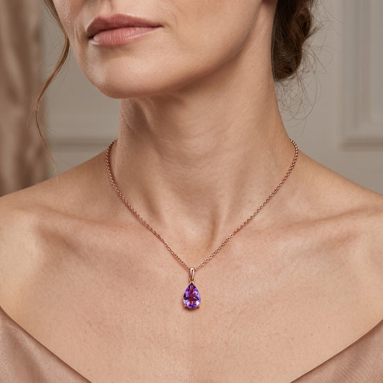 D'Joy Rose De France Amethyst Solitär Anhänger mit 50cm Kette, 925 Silber rosévergoldet - 2,53 ct.