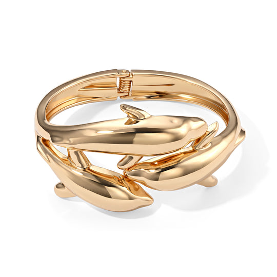 2er-Armreif-Set mit Delfinmotiv und gehämmerter Wellenstruktur, 17,5cm, goldfarbene Legierung