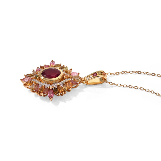D'Joy afrikanischer Rubin (Fissure gefüllt), Multi-Turmalin und Zirkon Anhänger mit 50cm Kette, 925 Silber 750 Gelbgold Vermeil - 5,55 ct.