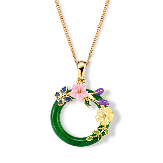 JARDIN KOLLEKTION D'Joy gefärbte grüne Jade, rosa und gelbe Perlmutt Anhänger mit 45cm Kette, 925 Silber vergoldet - 6,35 ct.