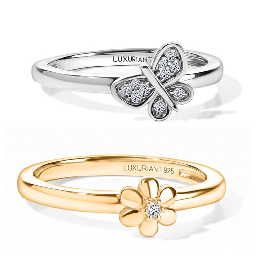 LUXURIANT 2er-Set SI-GH Labor Diamant Stacking Ringe, 925 Silber 750 Gelbgold Vermeil und rhodiniert (7-12 Werktage Lieferzeit)