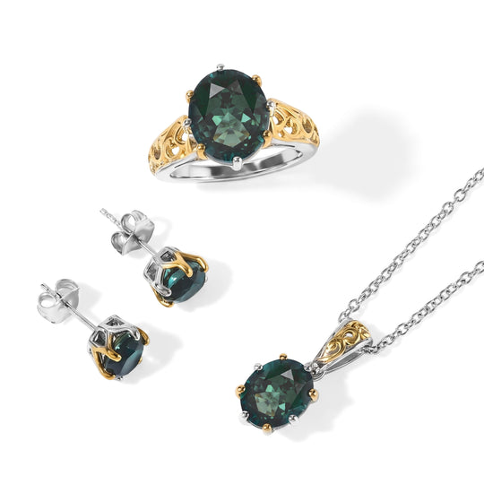 EVER TRUE 3er Set - Alexandrit Quarz Triplette Anhänger mit Kette, Ohrringe und Ring, ca. 50 cm (Größe 21.00) ca. 11.09 ct