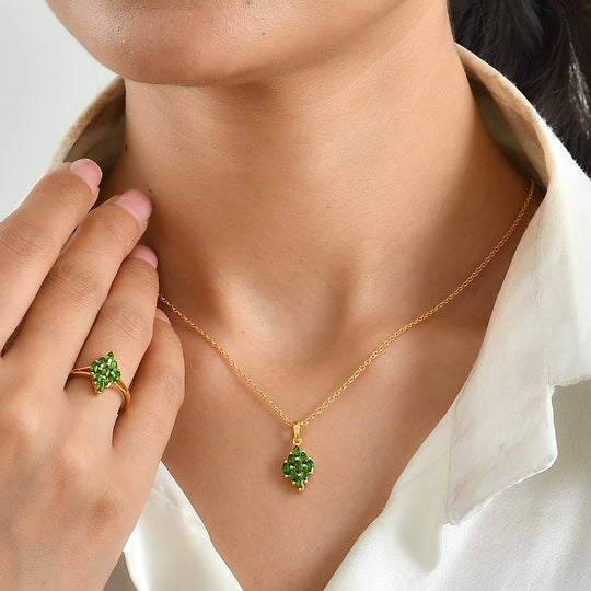 EVER TRUE 2er Set - Natürlicher Chromdiopsid Anhänger mit Kette und Ring, ca. 50 cm (Größe 21.00) ca. 1.71 ct